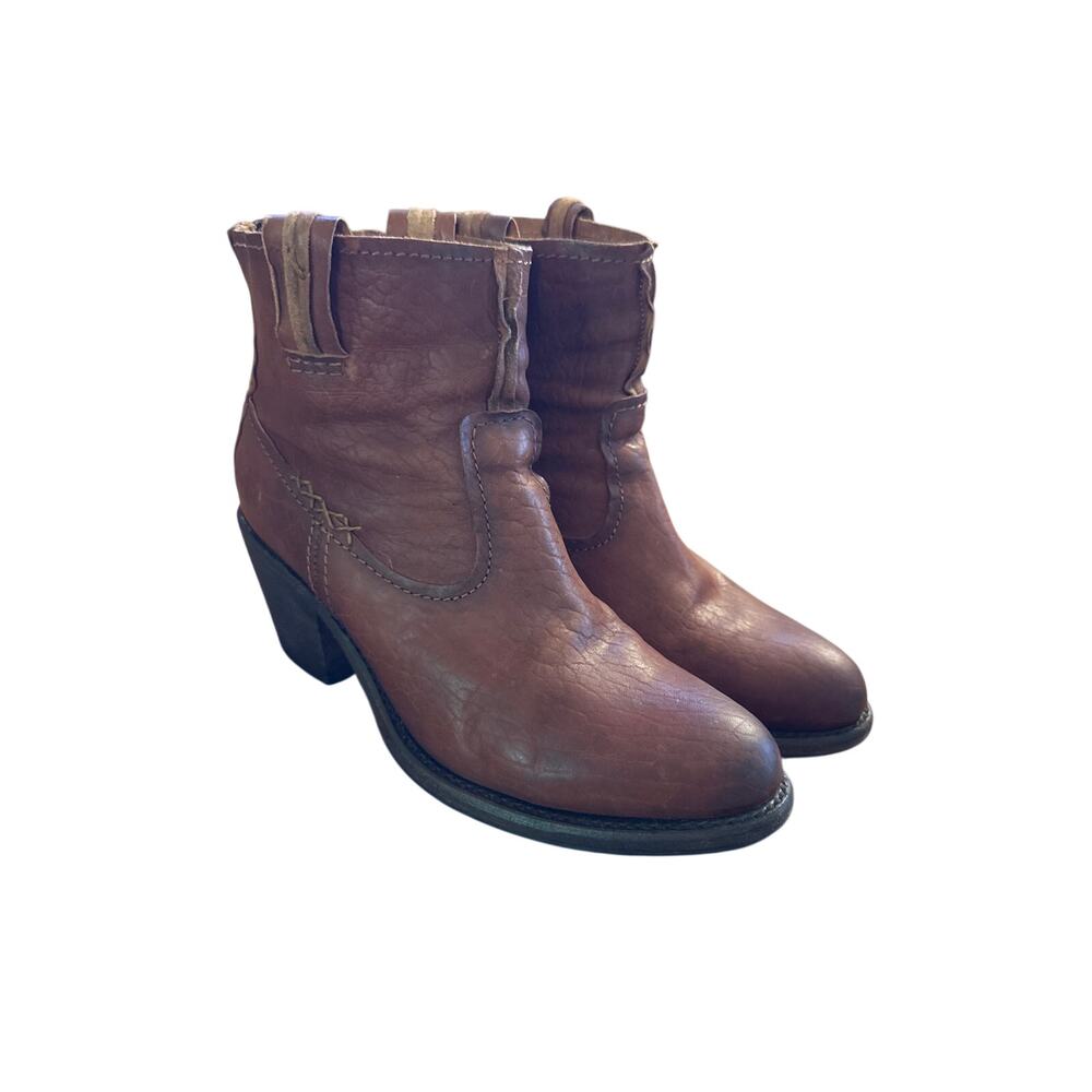 Women 8.5 Frye Leslie Artisan Zip Brown Leather Ankle Boots Short Booties